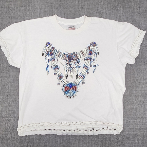 Oneita Tops - Oneita White Native American- Inspired Dreamcatcher Graphic With Cut Out Design.